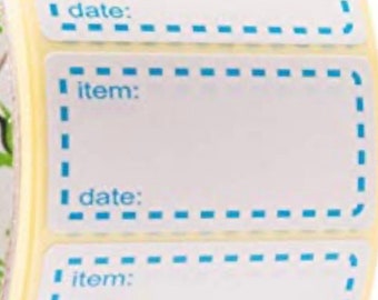 May include: Roll of white labels with blue dashed borders. Each label has the words "item:" and "date:" printed on it.