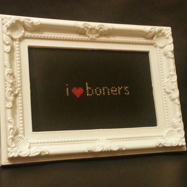 I Heart Boners Sparkly Completed Framed Adult Cross Stitch