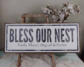 Bless Our nest Sign, gepersonaliseerde hout teken, gepersonaliseerde naam te ondertekenen, aangepaste naam te ondertekenen, gepersonaliseerde decor