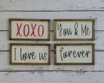 Valentines Day Decor, Mini Love Signs, I Love Us, Forever, You and Me, XOXO, Gifts for Her, Gallery Wall, Wood Signs
