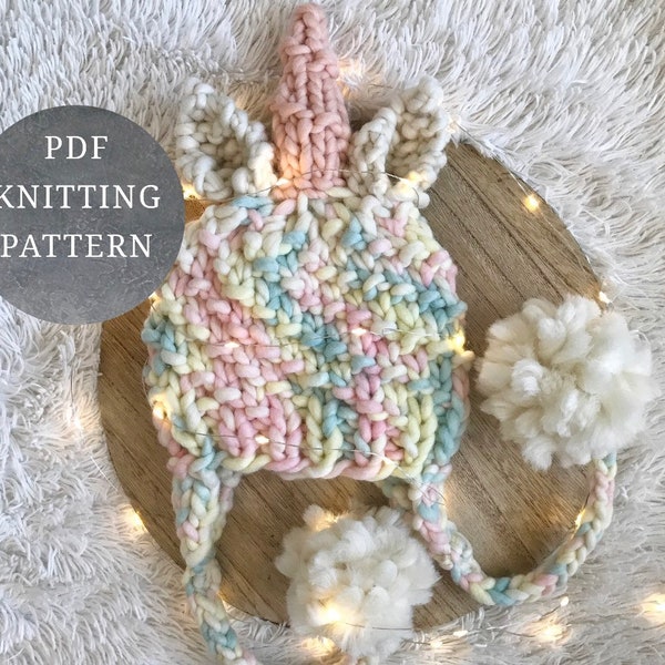 PDF knitting pattern Unicorn Pom Pom Beanie Circular knitting needles