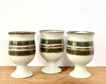 Collection of 3 speckled stoneware chalices with green and brown stripe