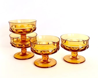 Vintage Amber Kings Crown Sherbet Dessert Drinking Glasses Set of 4