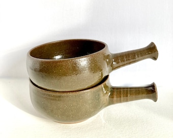 Pair of Earthy Green Glaze Studio Pottery Bowls with handle