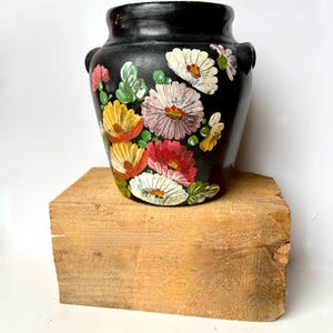 Ransburg Pottery black painted floral  jar crock canister