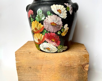 Ransburg Pottery black painted floral  jar crock canister