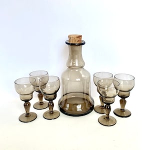 Vintage Handblown glass Decanter and set of 6 glasses Smokey brown