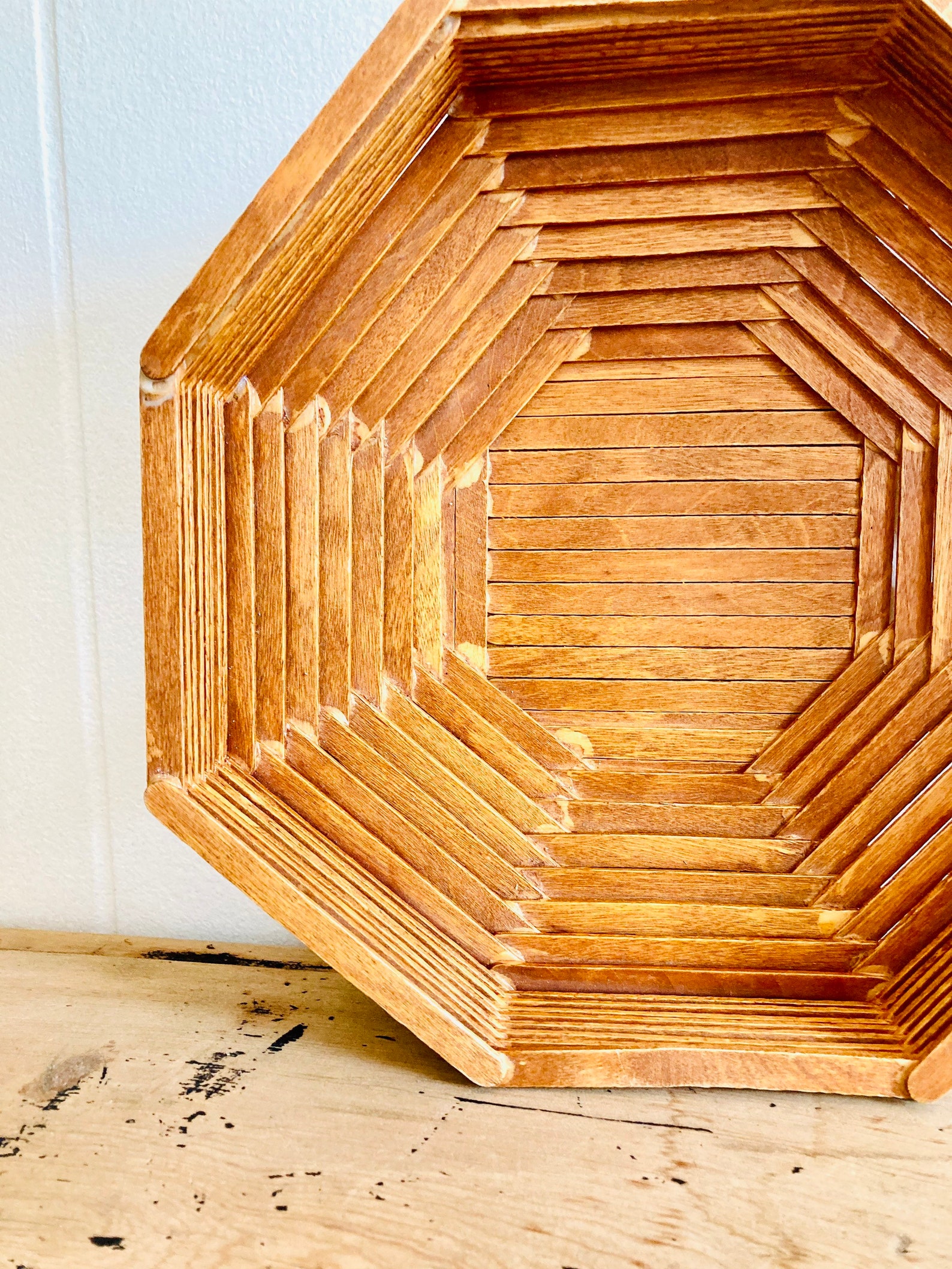 Vintage Popsicle Stick Folk Art Camp Craft Octagon Basket Etsy