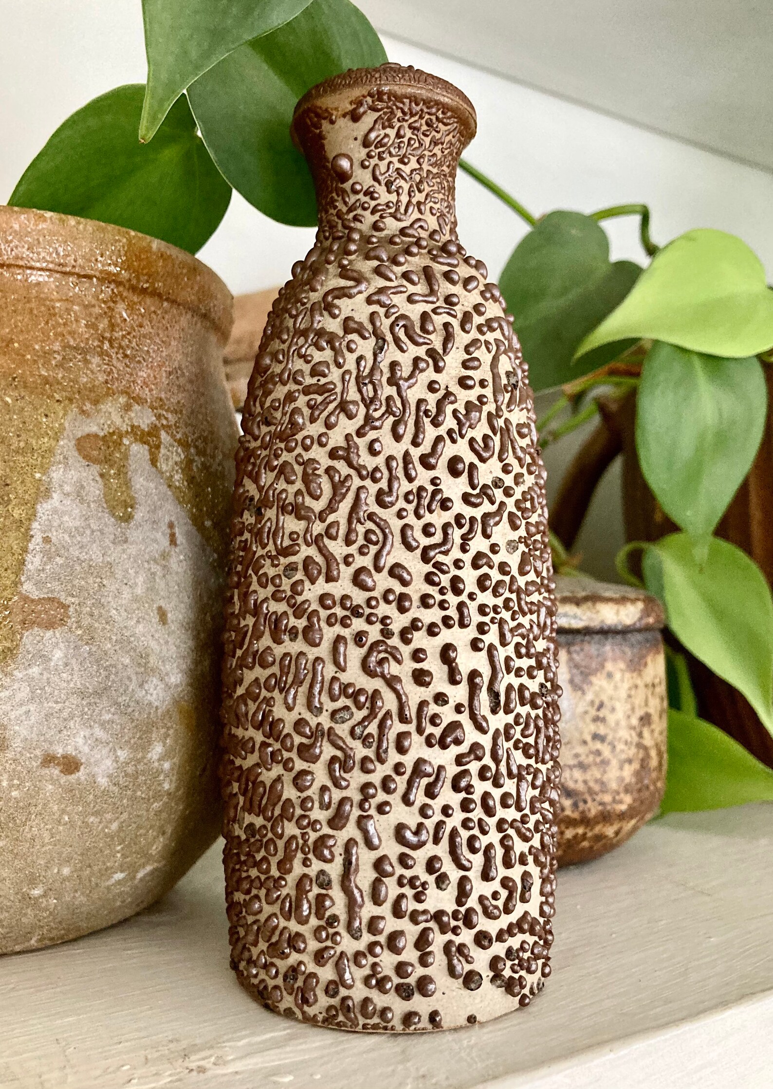 Vintage Lichen glaze pottery bottle with topper Etsy