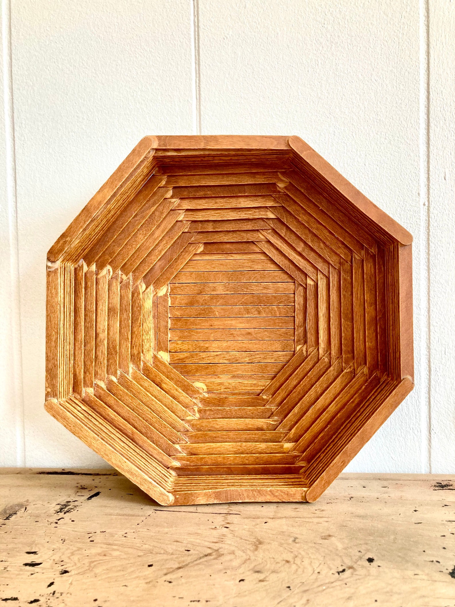 Vintage Popsicle Stick Folk Art Camp Craft Octagon Basket Etsy