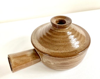 Vintage earthy brown Pottery soup bowl with handle and cover