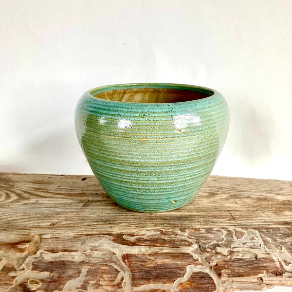 vintage Zanesville ribbed ceramic pottery planter teal turquoise