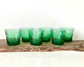 Vintage Green crinkle glass double old fashion low ball drinking glasses set of 6