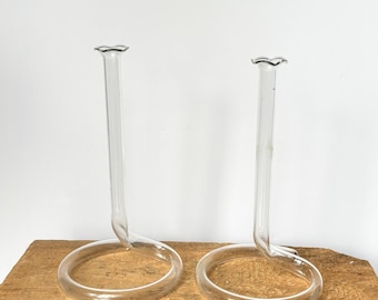 Vintage pair Handblown propagation bud vase with twisted base and ruffled rim