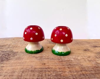 Pair of wooden painted Mushroom Candlestick Holders