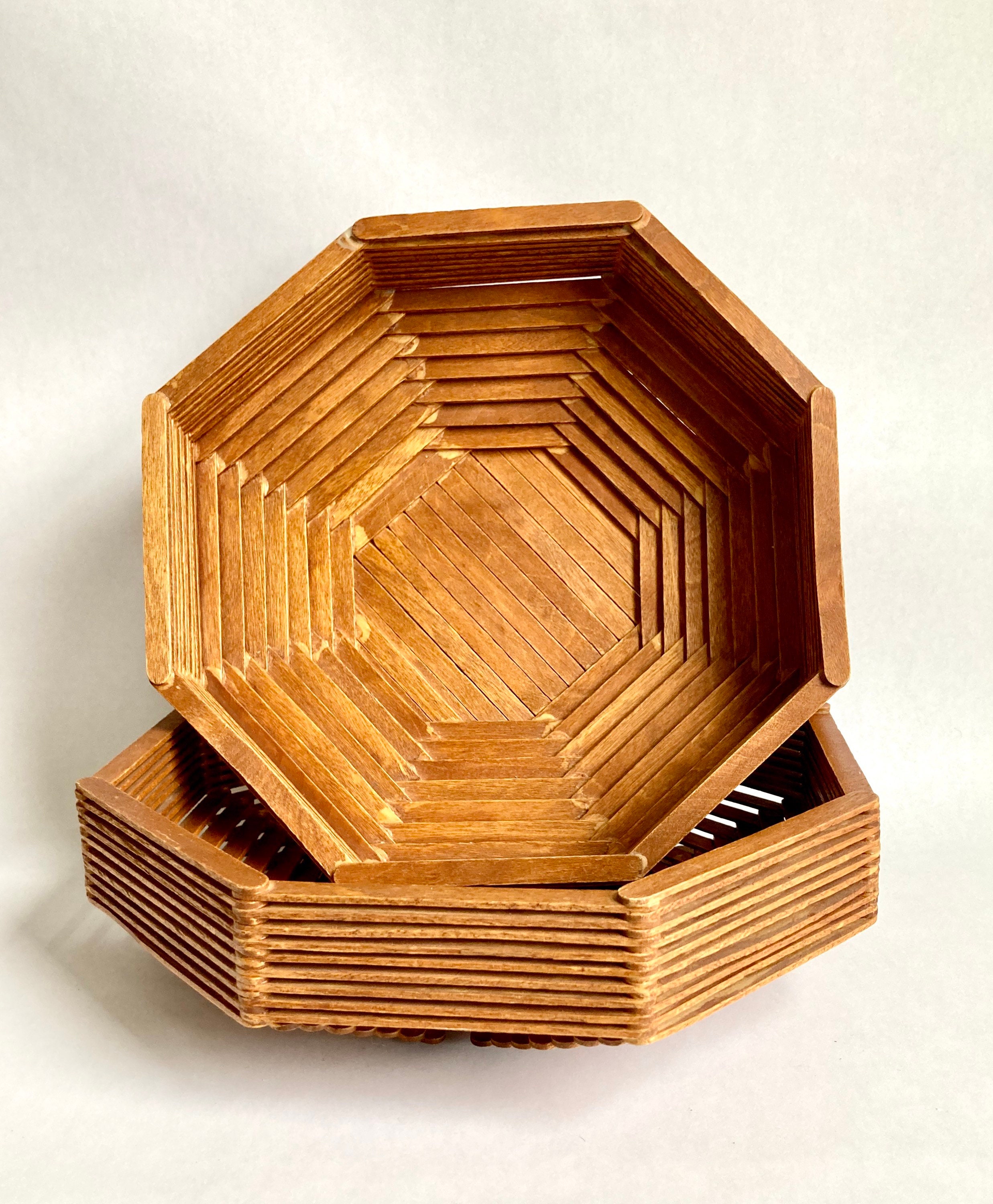 Vintage Popsicle Stick Folk Art Camp Craft Octagon Basket Etsy