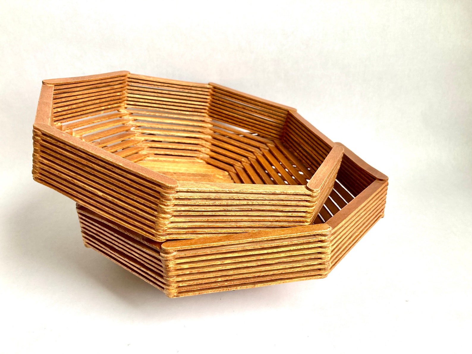 Vintage Popsicle Stick Folk Art Camp Craft Octagon Basket Etsy