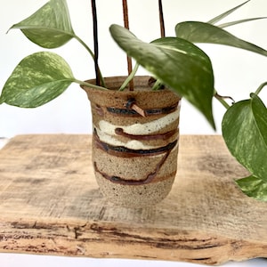 May include: A speckled tan ceramic hanging planter with horizontal swirls of white and dark brown glaze. The planter is suspended by thin brown leather cords and contains a green pothos plant with variegated heart-shaped leaves.