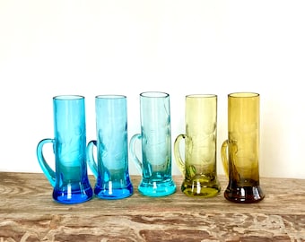 Collection of vintage handblown etched floral shot cordial aperitif glasses