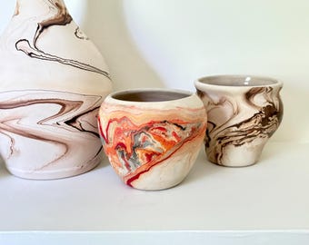 Vintage Nemadji pottery vase marbled paint design Orange Red Gray