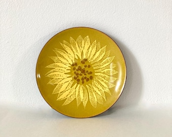 Vintage Mustard Yellow Sunflower enamel round dish Bovano catchall
