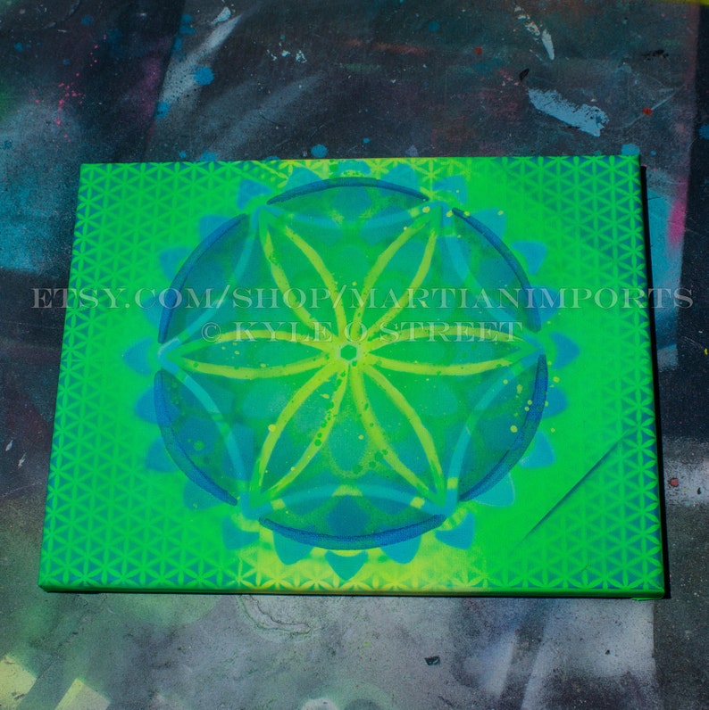 Original Flower of Life Handmade 14x11 Fluorescent Spray Paint Blacklight Art