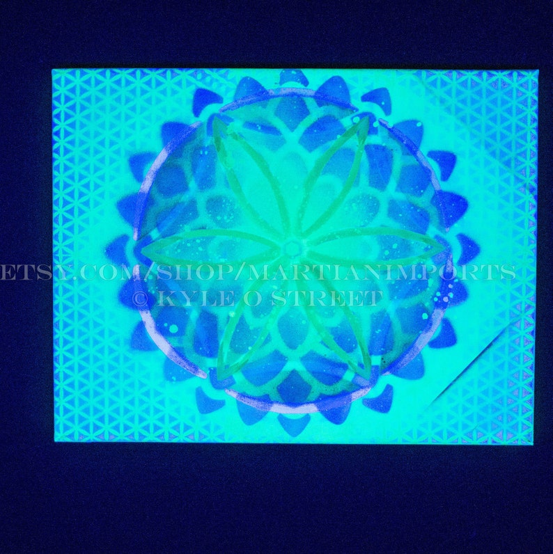 Original Flower of Life Handmade 14x11 Fluorescent Spray Paint Blacklight Art