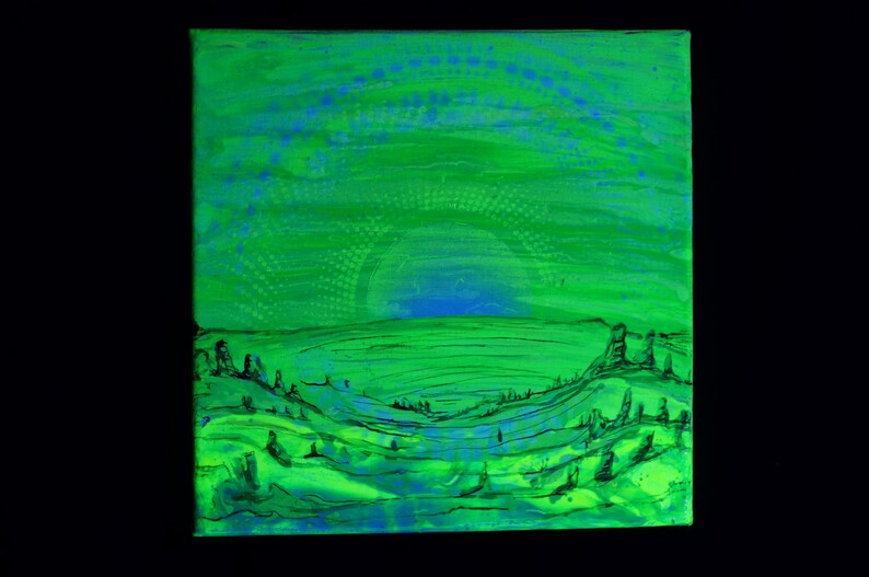 Alien Green Sunrise Original Handmade 10x10 Fluorescent Spraypaint Blacklight Art
