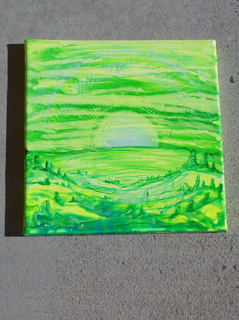 Alien Green Sunrise Original Handmade 10x10 Fluorescent Spraypaint Blacklight Art
