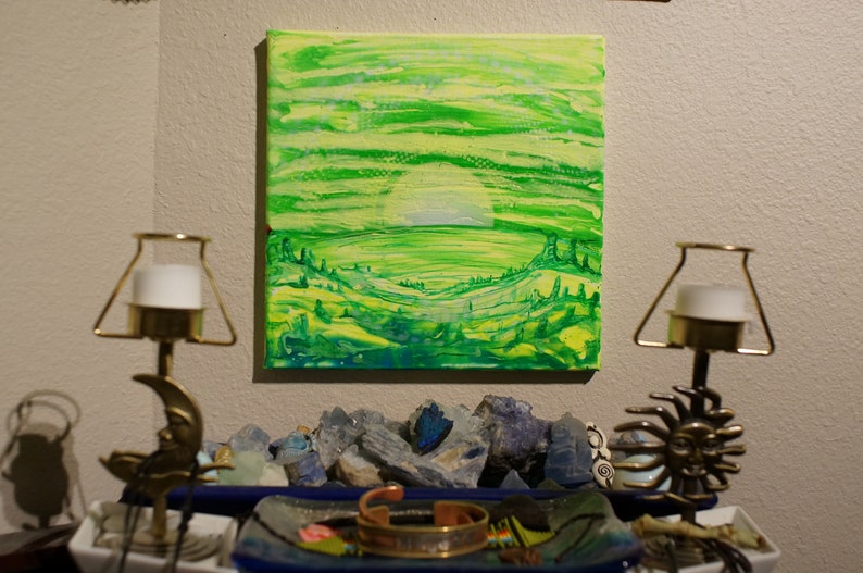 Alien Green Sunrise Original Handmade 10x10 Fluorescent Spraypaint Blacklight Art