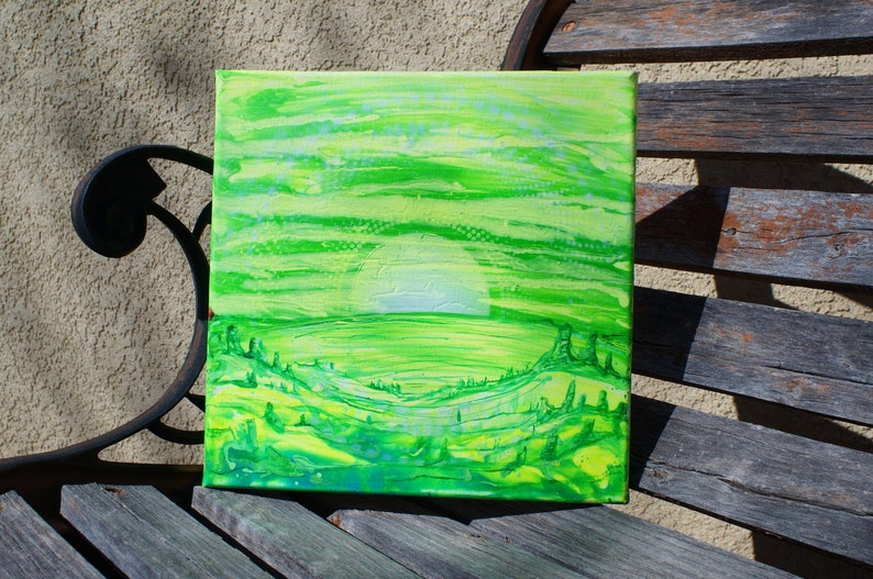 Alien Green Sunrise Original Handmade 10x10 Fluorescent Spraypaint Blacklight Art