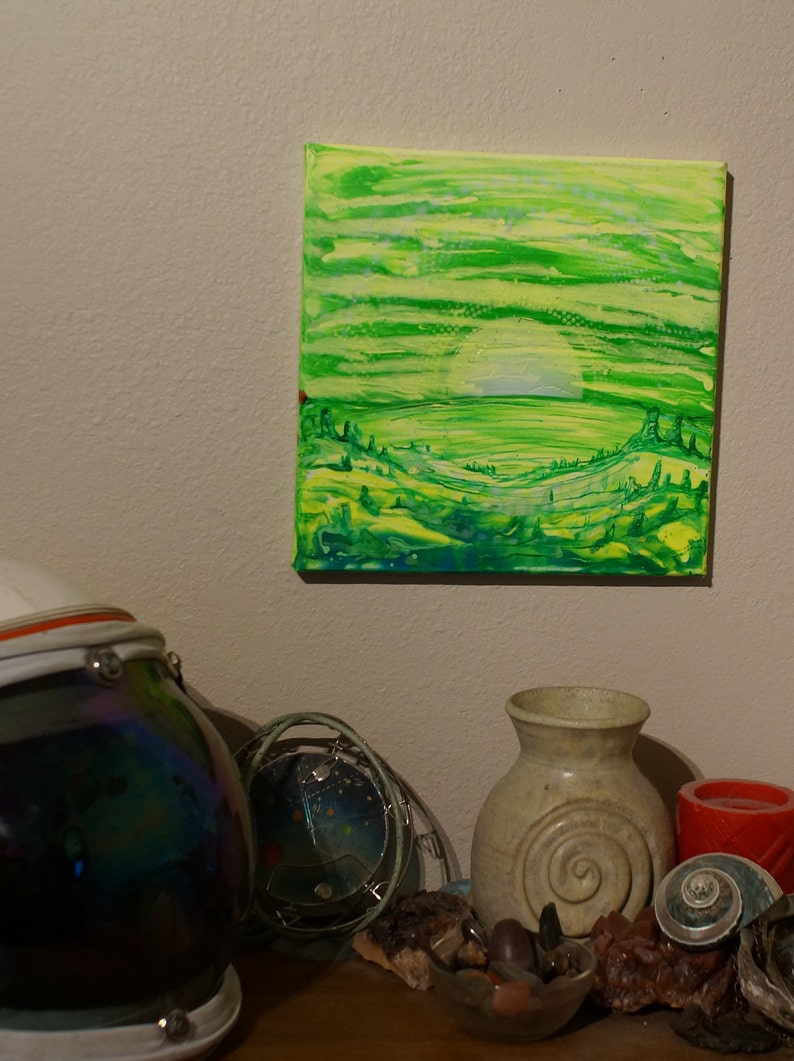 Alien Green Sunrise Original Handmade 10x10 Fluorescent Spraypaint Blacklight Art