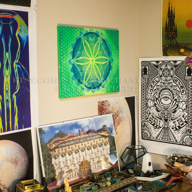 Original Flower of Life Handmade 14x11 Fluorescent Spray Paint Blacklight Art