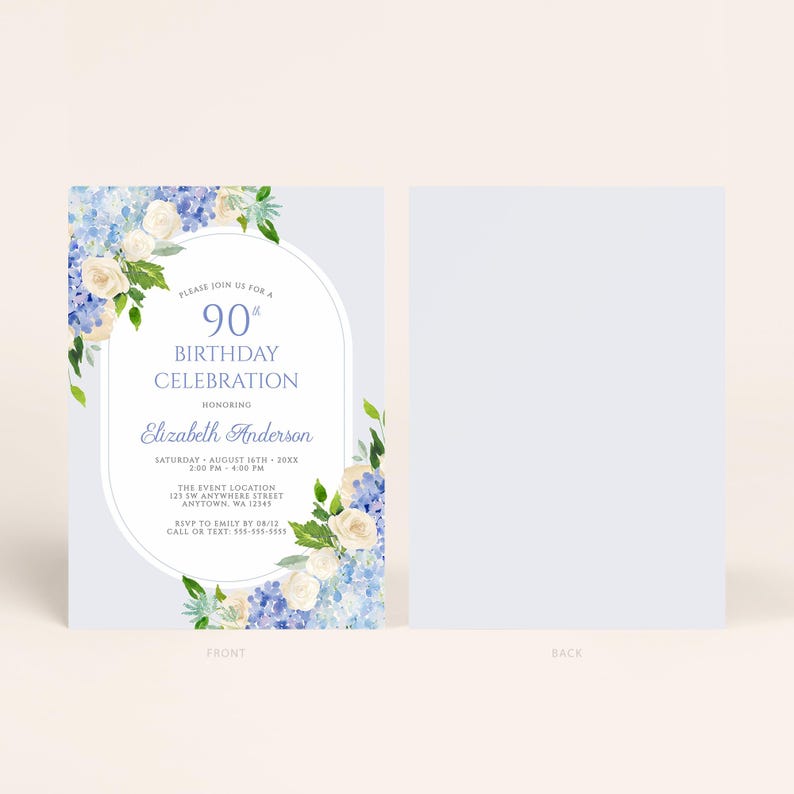 Elegant Blue Hydrangea Floral 90th Birthday Invitation: Digital ...