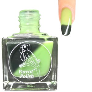 May include: A clear square bottle of nail polish with a green and black colour-changing effect. The bottle features a parrot illustration and the text "Parrot Polish". A painted nail demonstrates the colour change.