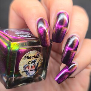 May include: A bottle of Parrot Polish Cheetah Cat nail polish next to a hand with long, polished nails. The nails are painted with a dark purple and magenta cat-eye magnetic polish. The bottle is square with a holographic finish.
