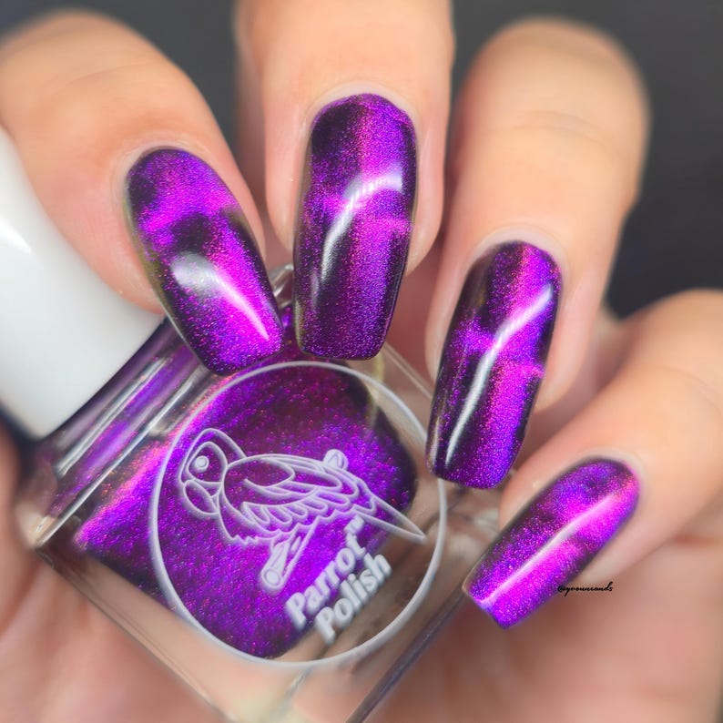 May include: Close-up of a hand with long, purple nails with a cat-eye effect. The nails are painted with a shimmering, dark purple polish. A bottle of Parrot Polish is in the foreground, with a white cap and a purple label featuring a parrot illustration.
