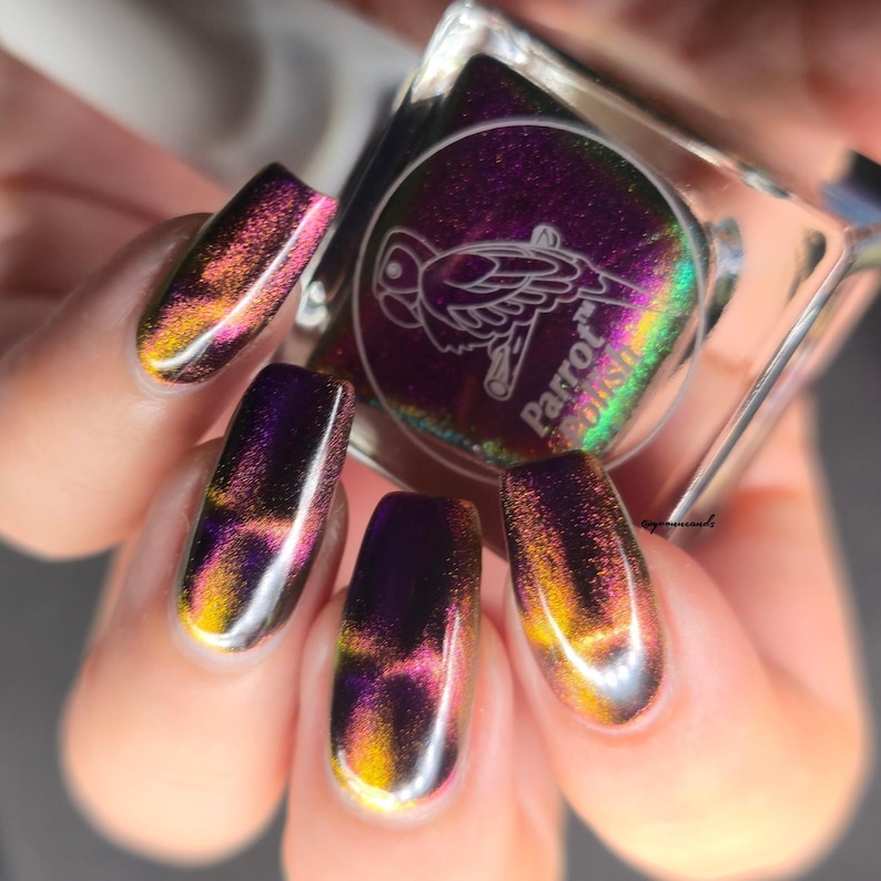 May include: A hand displays long, oval-shaped nails painted with a color-shifting nail polish. The polish transitions from gold to pink to purple. A square bottle of Parrot Polish is held in the hand, with a parrot logo on the label.