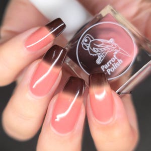 May include: A close-up of a hand with long, ombre-style nails. The nails transition from a light pink to a dark brown at the tips. A bottle of Parrot Polish is in the background, with a parrot logo and the brand name.