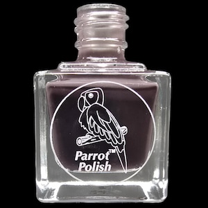 May include: A clear, square nail polish bottle filled with dark purple polish. The bottle features a white circular label with a parrot illustration and the words "Parrot Polish". The bottle has a clear, ridged cap.
