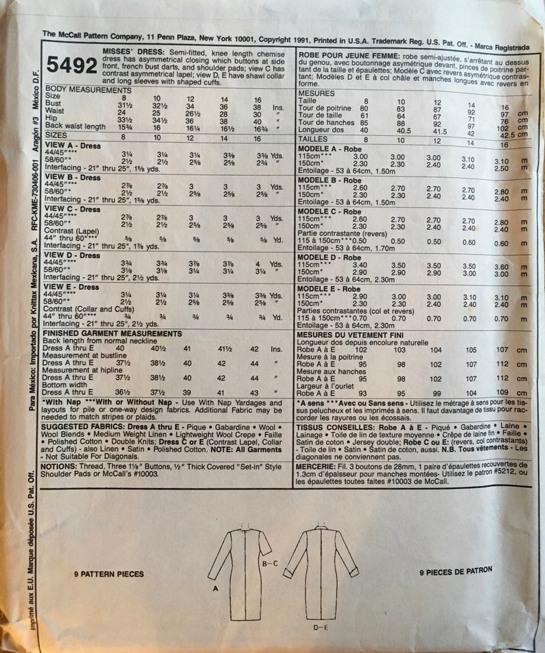 CUT Vintage McCall/'s 5492 Sewing Pattern
