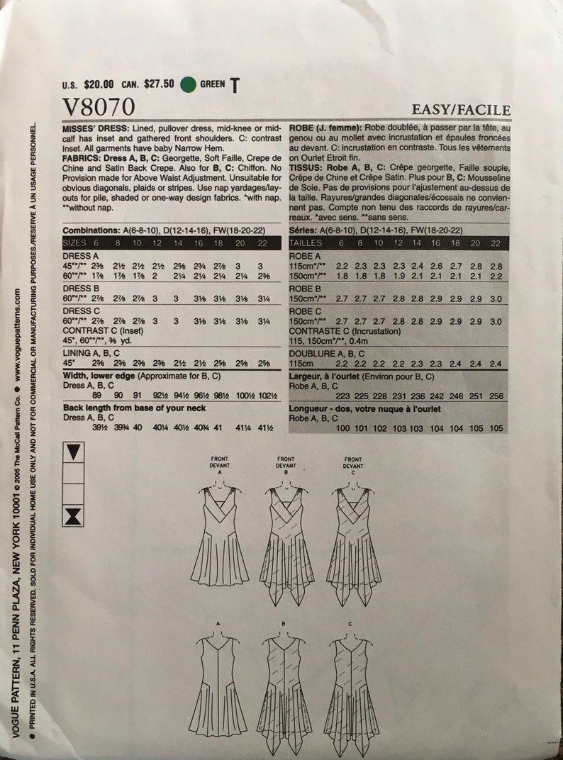 Vogue 8070 Sewing Pattern UNCUT - Etsy