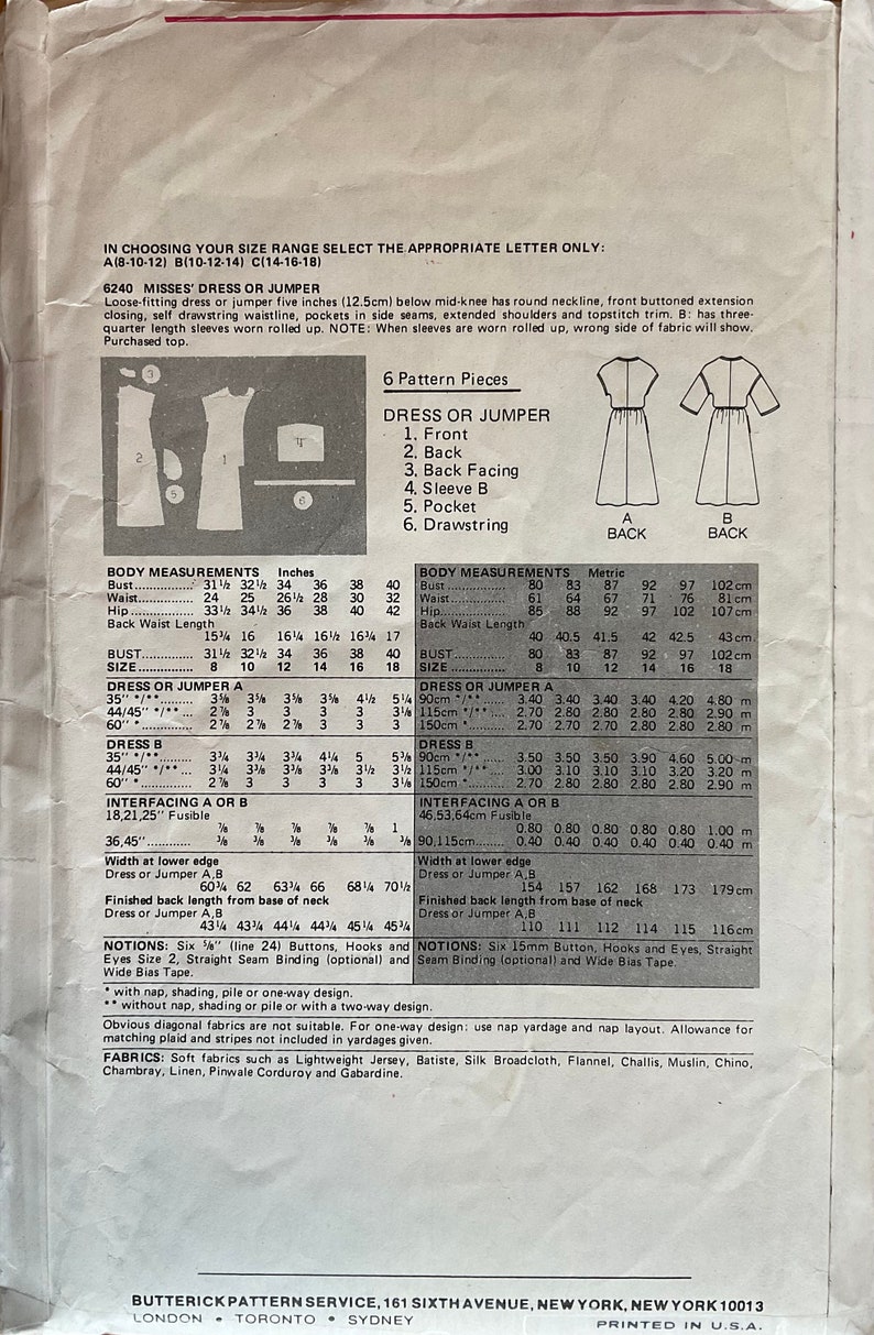 Butterick 6240 Sewing Pattern vintage CUT - Etsy