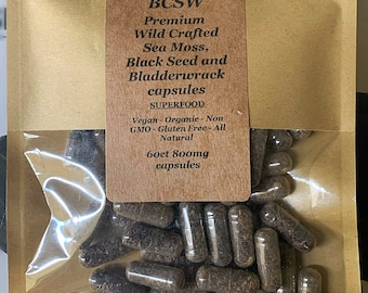 Organic Sea moss, Bladderwrack, black seed powder 2000mg capsules in eco friendly pouch.