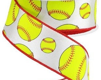 1.5" Softballs ribbon wired, 10 yard roll satin yellow softball on white satin ribbon, wired ribbon, sports softball 1.5 inch ribbon