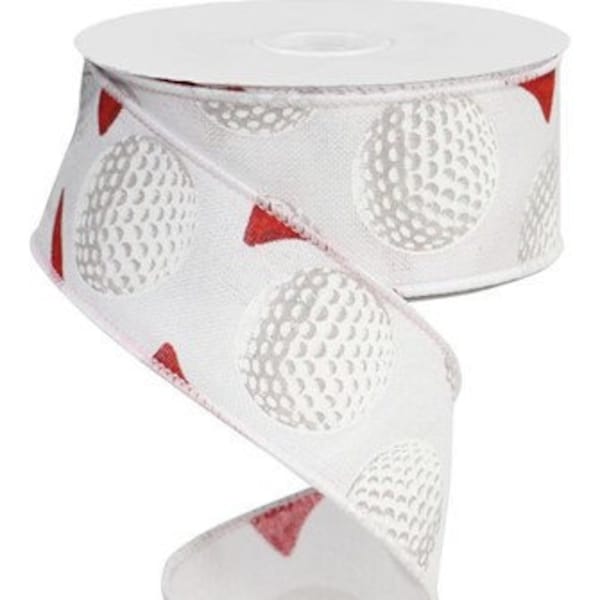 1.5" white golf balls & red golf tees ribbon wired, 10 yard roll linnen like golf ribbon white wired ribbon, sports golf 1.5 inch ribbon