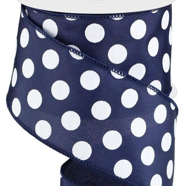 2.5" Navy blue with white dots wired ribbon 5 or 10 yards Dallas Cowboys colors, Navy polka dots, 2.5 inch ribbon, wired ribbon