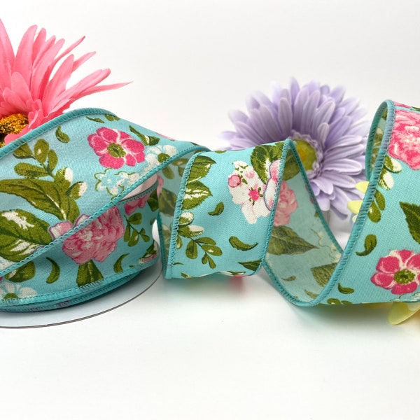 CLEARANCE 1.5" blue pink green floral ribbon shabby chic victorian, spring flowers ribbon, roses easter pastel 1.5 inch wired wreath ribbon