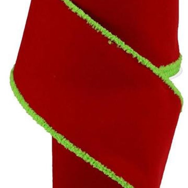 4" Red Velvet with lime green drift chenille edge wired ribbon 10 yards holiday 4 inch ribbon