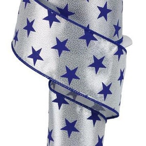 2.5&quot; Silver Metallic Dallas Cowboys inspired Navy glitter multi star wired ribbon 10 yards metallic ribbon, 2.5 inch star ribbon